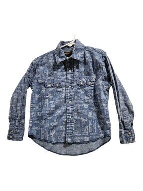 Rustler by Wrangler Boys Small Western Pearl Snap Shirt Blue Rodeo Bronco Print